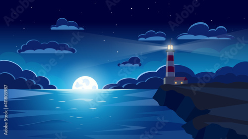 Lighthouse on seashore, night, night sky. Vector illustration