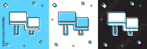 Set Sauna wood bench icon isolated on blue and white, black background. Vector.