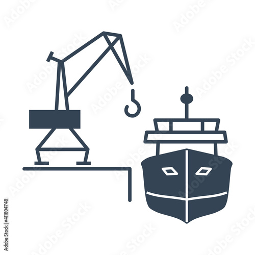 Vector black icon loading and unloading cargo ship, harbor crane