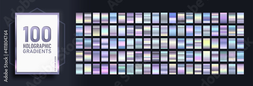 Mega set of Trendy gradients, consisting of collection 100 holographic glossy rectangles. Abstract Template for Social Media Design. Rainbow gradient