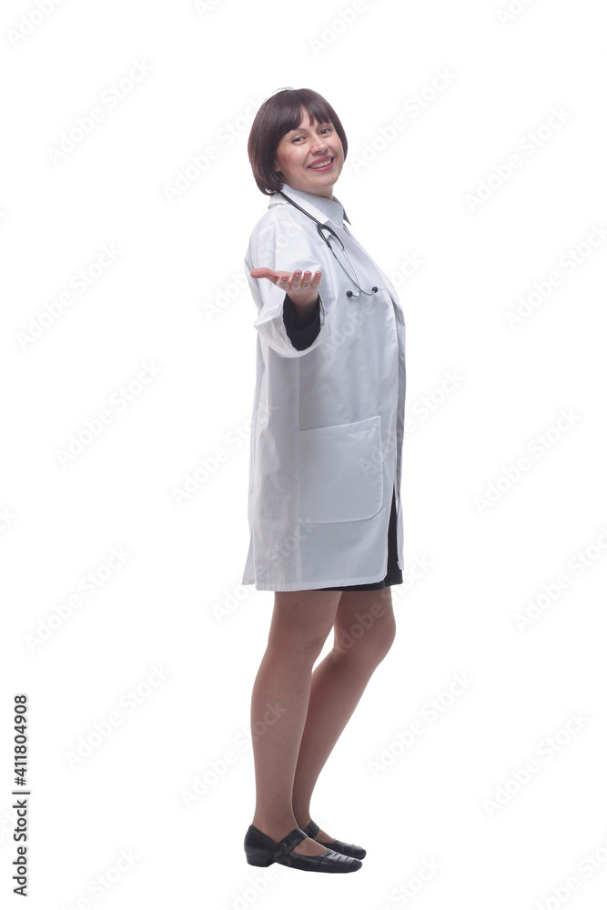 confident female doctor with stethoscope looking at you. confident female doctor with stethoscope looking at you.
