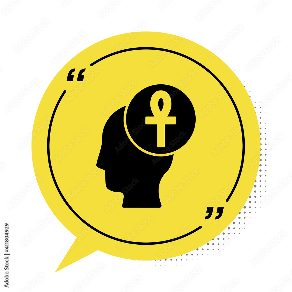 Black Cross ankh icon isolated on white background. Yellow speech bubble symbol. Vector.