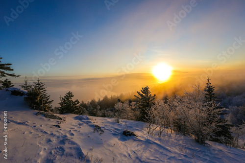 Beautiful winter landscape. The sun sets below the horizon against the backdrop of powdered winter trees atop a snowy mountain. © alexhitrov