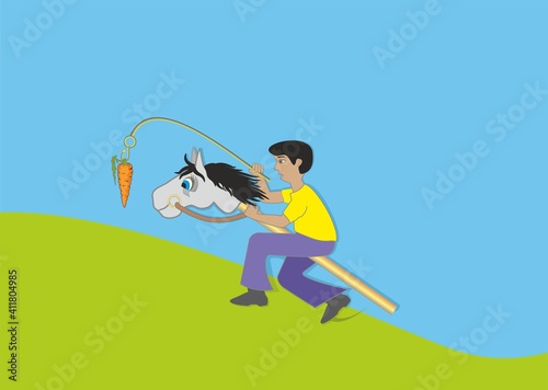 Man riding on hobby horse  dangling a carrot. Vector illustration. EPS10.