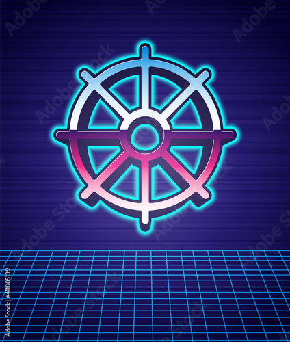 Retro style Dharma wheel icon isolated futuristic landscape background. Buddhism religion sign. Dharmachakra symbol. 80s fashion party. Vector.