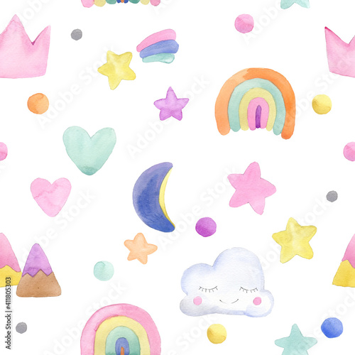 Cute cartoon fairy nature with rainbow watercolor seamless pattern. 