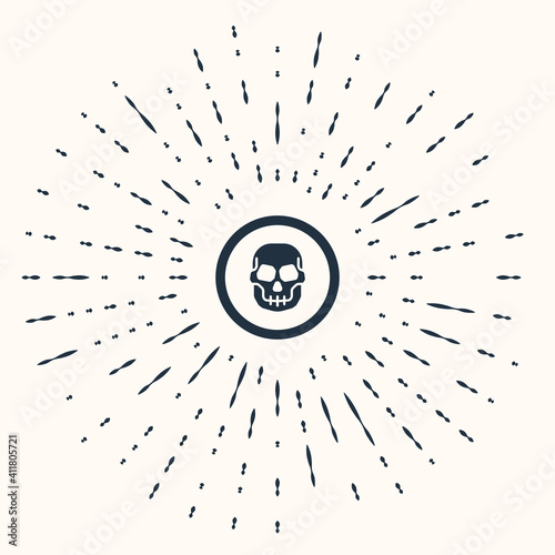 Grey Mexican skull coin icon isolated on beige background. Abstract circle random dots. Vector.