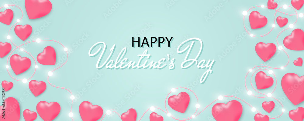 Happy Valentine's Day banner with shining lights garland, light bulbs, hearts, gift box on blue background. Valentine's Day card.