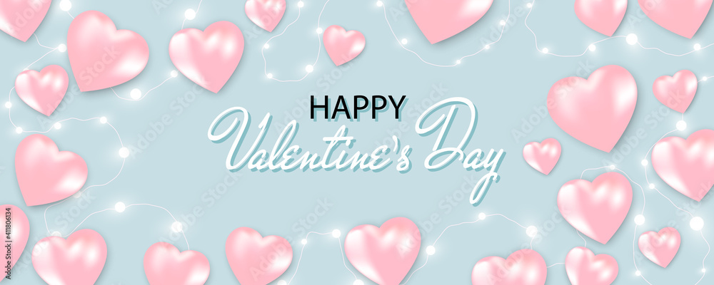 Happy Valentine's Day banner with shining lights and hearts on blue background. Valentine's Day card.