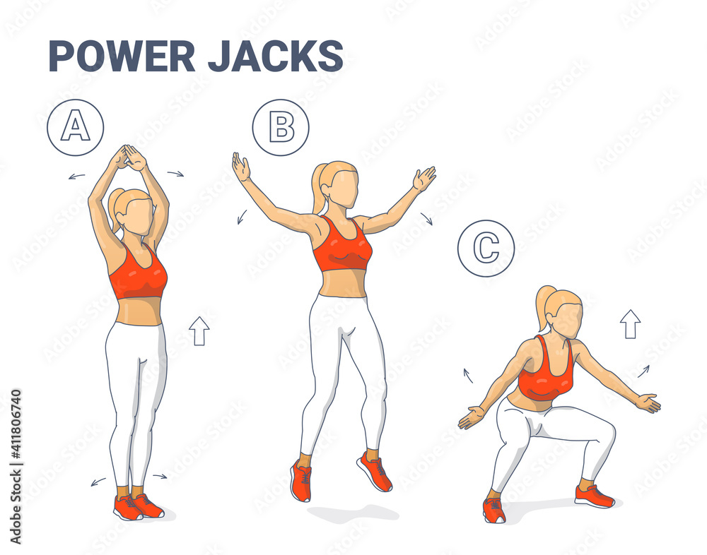 Power Jacks Exercise Female Home Workout Guidance. Power Jumps illustration  a young woman in sportswear does the Fitness Stock Vector | Adobe Stock