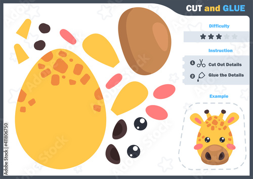 Cartoon giraffe. Education paper game for preshool children. Cut parts of the image and glue on the paper. Vector illustration. Cut and Glue Game.