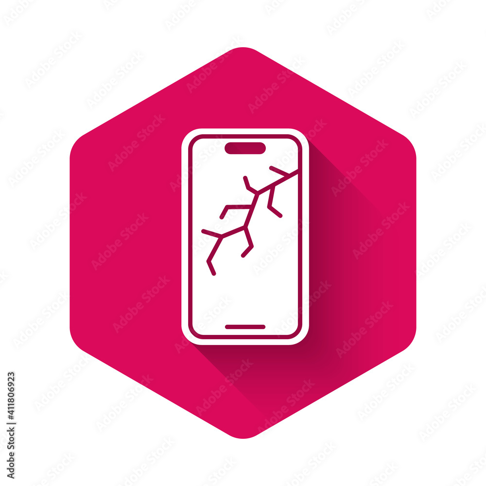 White Smartphone with broken screen icon isolated with long shadow background. Shattered phone screen icon. Pink hexagon button. Vector. White Smartphone with broken screen icon isolated with long shadow background. Shattered phone screen icon. Pink hexagon button. Vector.