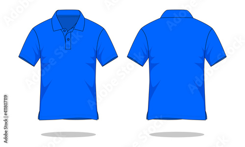 Blank blue short sleeve polo shirt template on white background. Front and back views, vector file.