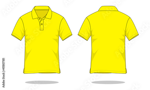 Blank yellow short sleeve polo shirt template on white background. Front and back views, vector file.