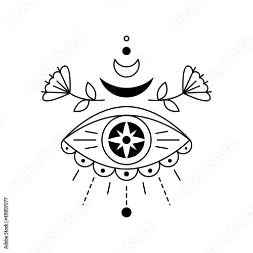Vector illustration of mystic eye, providence sight. Magic witchcraft symbol. Geometric line evil eye amulet with moon, star and flowers. Linear esoteric sign. Sacred geometry. Isolated on white