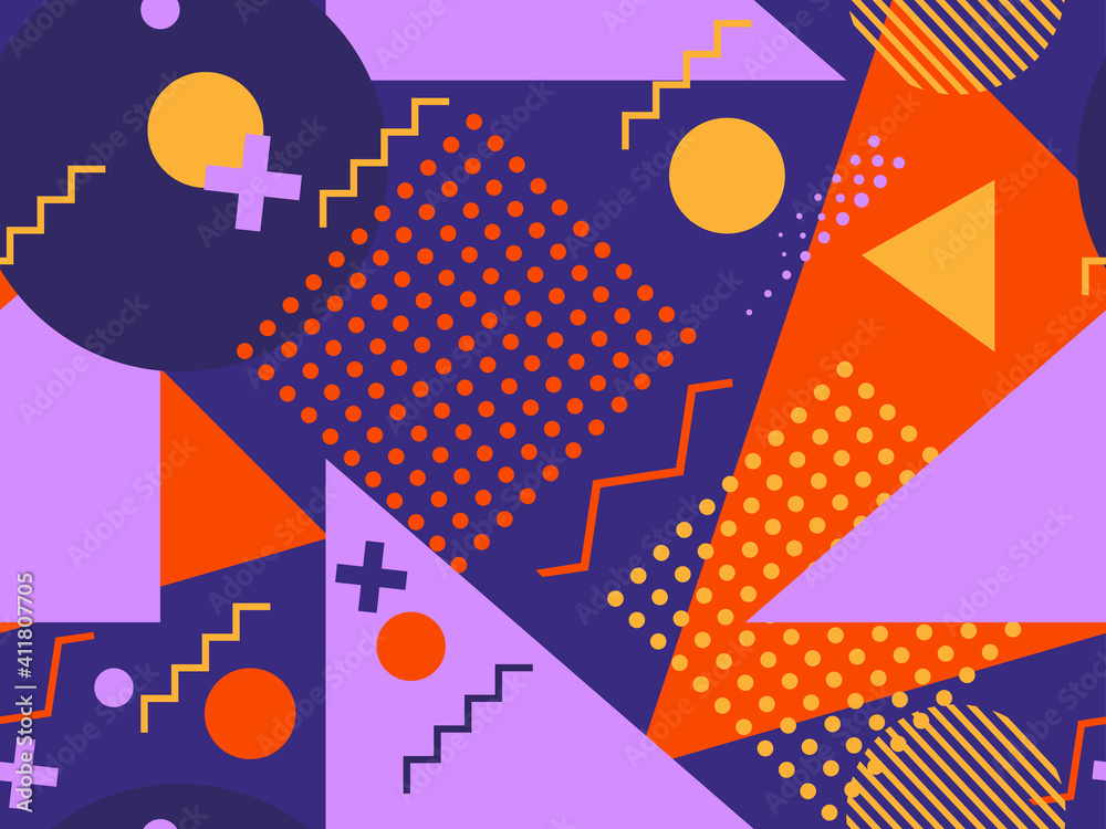 Seamless pattern with geometric shapes in the style of the 80s. Trendy retro background for printing on paper, advertising materials and fabric. Vector illustration