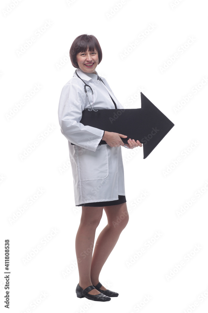 female doctor with an arrow pointing in the right direction. female doctor with an arrow pointing in the right direction.