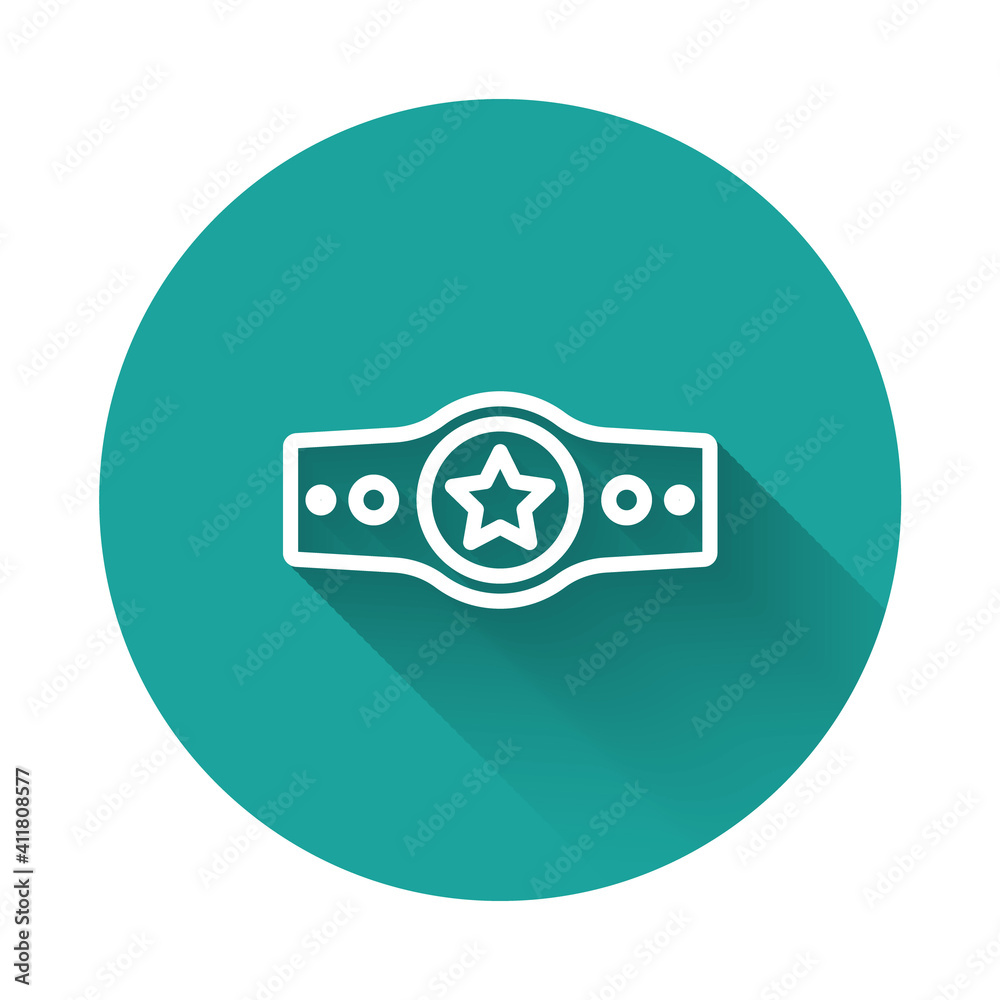 White line Boxing belt icon isolated with long shadow background. Belt boxing sport championship winner fight award. Green circle button. Vector. White line Boxing belt icon isolated with long shadow background. Belt boxing sport championship winner fight award. Green circle button. Vector.