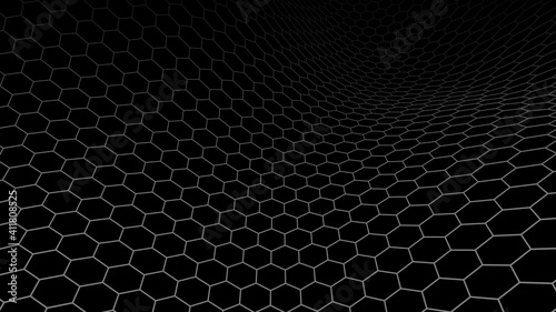Abstract background of points and lines. Hexagon cyber structure. Big data stream. Vector illustration