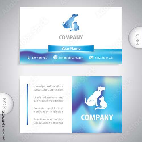 Business card template. Dog and cat icon. Pet care. Veterinary clinic. Pet shop. Concept for business and commerce.