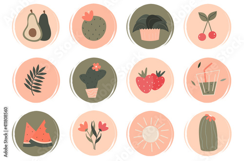 cute Vector set of logo design templates, icons and badges for social media highlight in bohemian style with flowers, plants, fruits, juice and other elements	