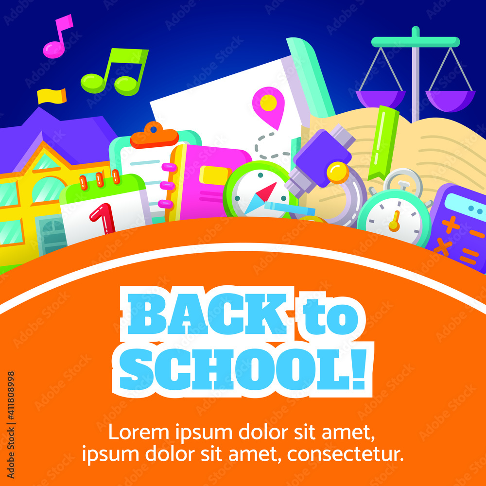 Back to school sale banner design template with colorful school supplies and sale text for shopping discount promotion. Vector illustration