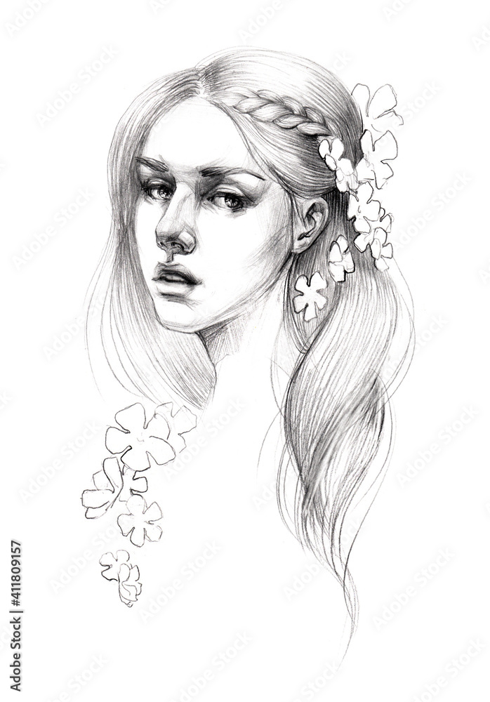 young beautiful girl with flowers in her hair cute blonde graphics pencil  drawing Stock Illustration | Adobe Stock