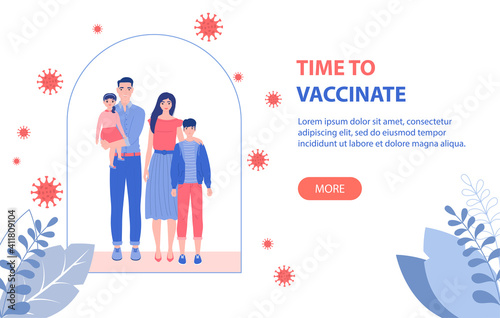Happy parents with children is protected from viruses and diseases. Good immunity, vaccination and a healthy lifestyle, web-banner. Vector illustration in a flat style.