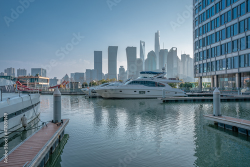 Fototapeta Naklejka Na Ścianę i Meble -  A yacht port at downtown area in Shanghai, China.