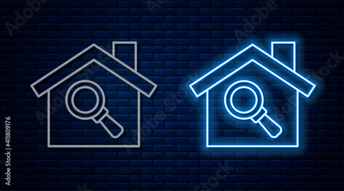 Glowing neon line Search house icon isolated on brick wall background. Real estate symbol of a house under magnifying glass. Vector.