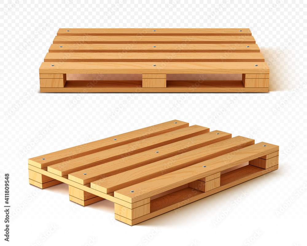 Wooden pallet front and angle view. Wood trays for cargo loading and transportation. Freight delivery, warehousing service equipment isolated on transparent background Realistic 3d vector illustration - obrazy, fototapety, plakaty 