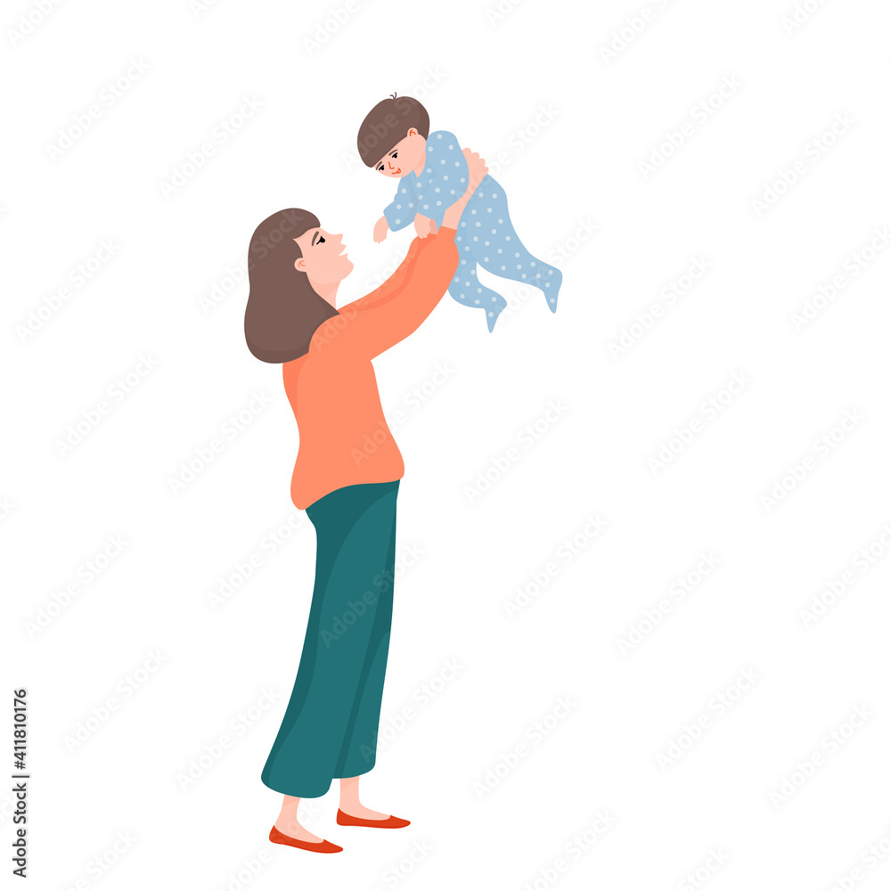 Young beautiful woman, mother holding baby boy in raised hands, playing with her little kid, flat cartoon vector illustration isolated on white background. Mother holding her little baby boy in raised