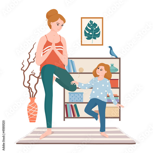Mother and daughter doing yoga together, standing in vrikshasana, tree pose in the living room, flat cartoon vector illustration isolated on white background. Mom and daughter doing yoga together