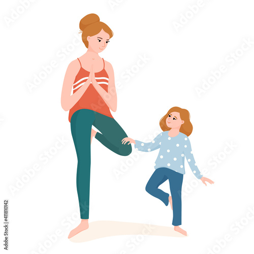 Mother and daughter doing yoga together, standing in vrikshasana, tree pose, flat cartoon vector illustration isolated on white background. Mom and daughter doing yoga in tree pose