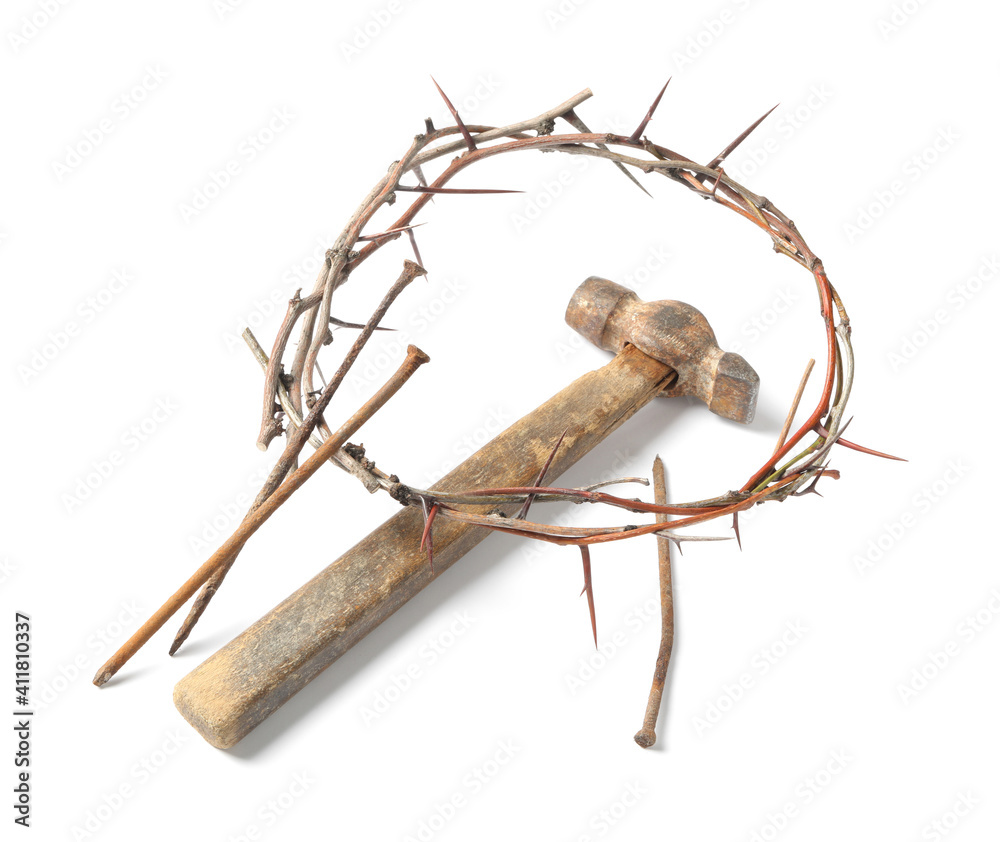 Crown of thorns, nails and hammer on white background. Easter attributes