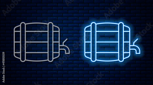 Glowing neon line Wooden barrel on rack with stopcock icon isolated on brick wall background. Vector.