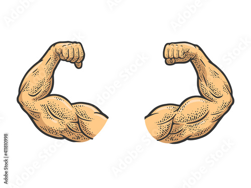 Muscular hands arms of strong man bodybuilder color sketch engraving vector illustration. T-shirt apparel print design. Scratch board imitation. Black and white hand drawn image.