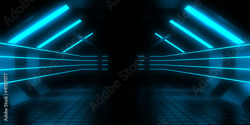 3D abstract background with neon lights. neon tunnel .space construction . 3d illustration3 photo