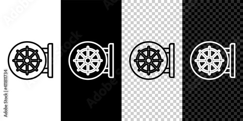 Set line Dharma wheel icon isolated on black and white,transparent background. Buddhism religion sign. Dharmachakra symbol. Vector.