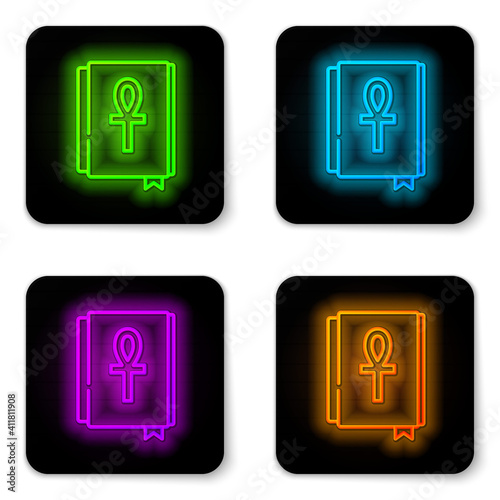 Glowing neon line Cross ankh book icon isolated on white background. Black square button. Vector.