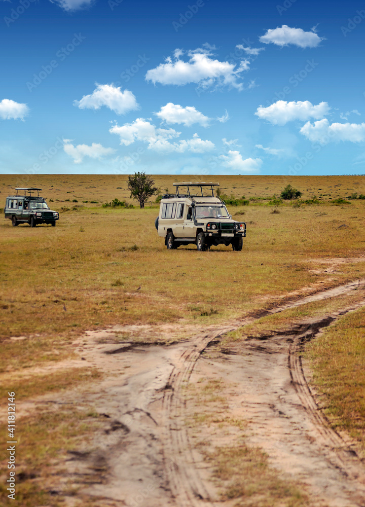 AMBOSELI, Kenya - MAY 2014. Tourist in jeep safari in the road of National Park of Kenya. They are traying see animals.