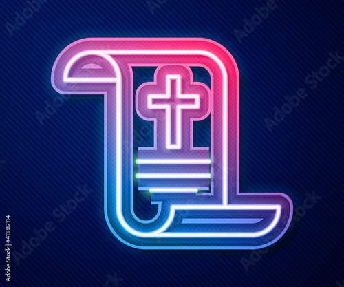 Glowing neon line Decree, paper, parchment, scroll icon icon isolated on blue background. Chinese scroll. Vector.