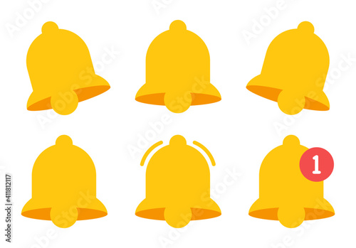 Notification bell in flat style on white background. Yellow notification icon set. Sound symbol isolated. Vector illustration