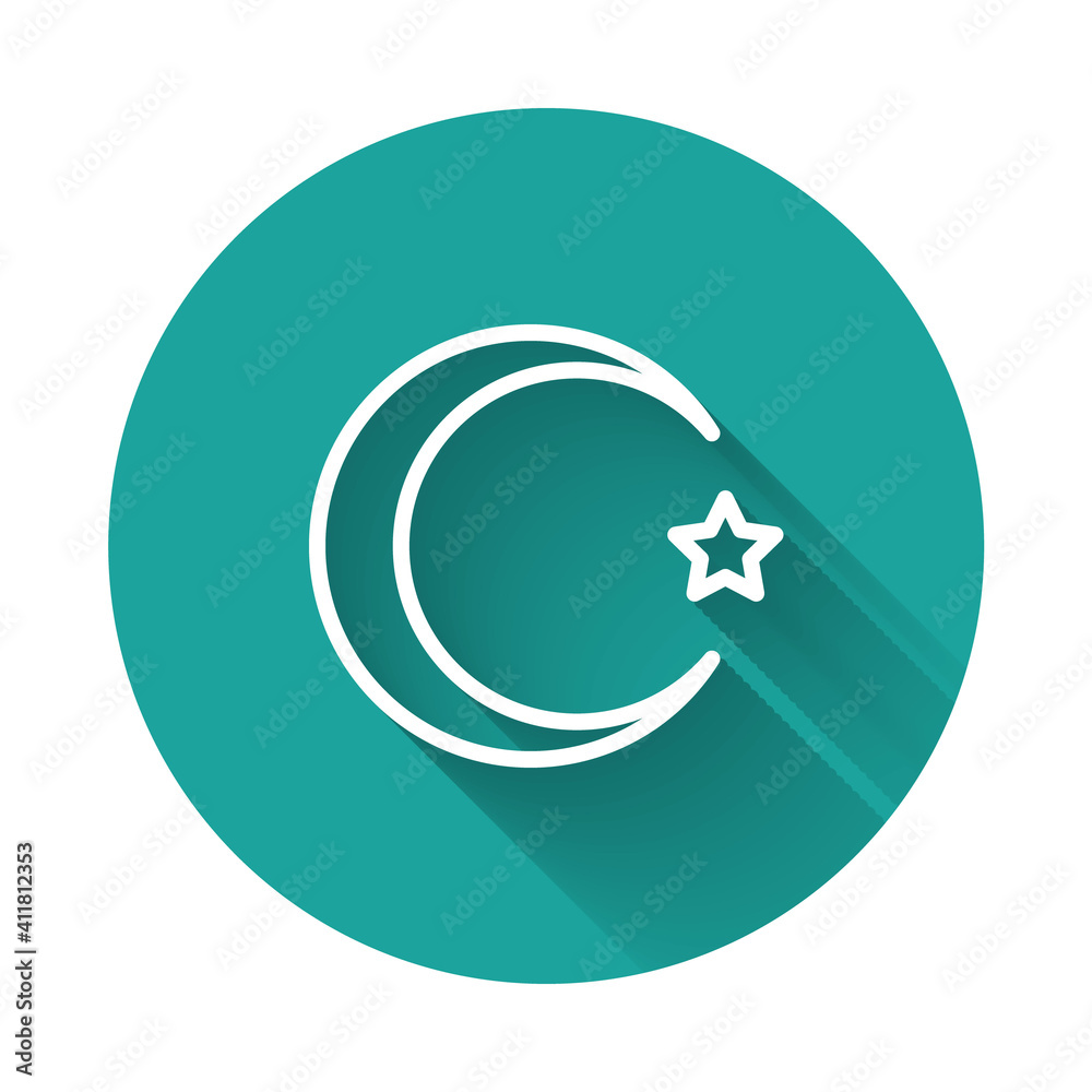 White line Star and crescent - symbol of Islam icon isolated with long shadow background. Religion symbol. Green circle button. Vector. White line Star and crescent - symbol of Islam icon isolated with long shadow background. Religion symbol. Green circle button. Vector.