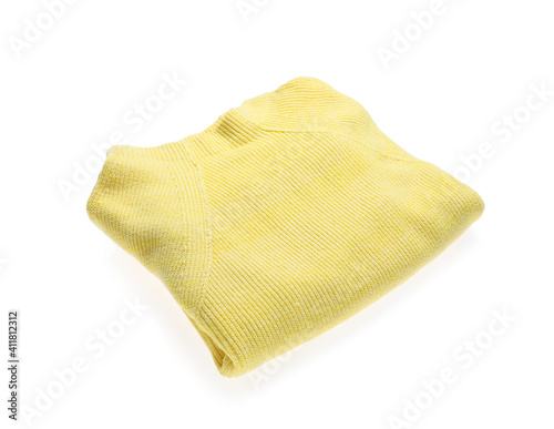 Yellow woolen sweater isolated on white. Warm clothes