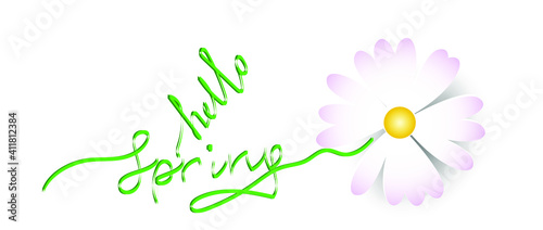 
Hello Spring. Calligraphic inscription in the form of a chamomile. Vector illustration. Trendy design for greeting card, invitation, banner or poster.