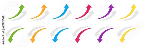 Curved arrow up and down. Colored arrow with shadow. Collection curved arrows in flat style. Vector graphic elements.