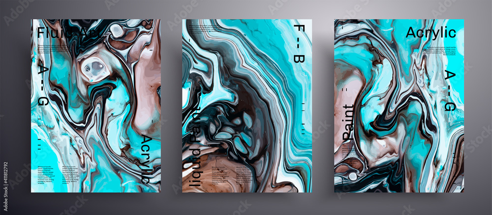 Abstract liquid poster, fluid art vector texture set. Beautiful background that can be used for design cover, invitation, flyer and etc. Black, white and blue creative iridescent artwork