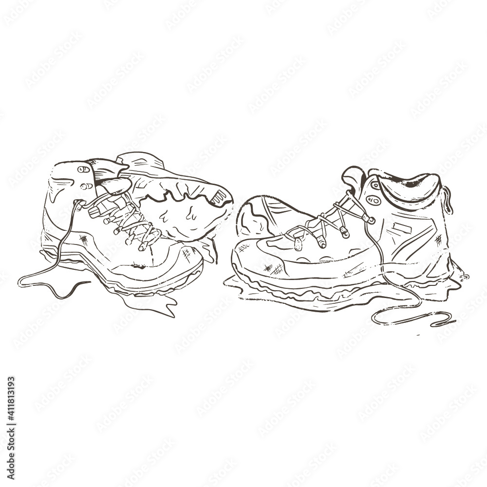Hand drawn, single colour vector illustration of two sets of muddy hiking boots. Hand drawn, single colour vector illustration of two sets of muddy hiking boots.