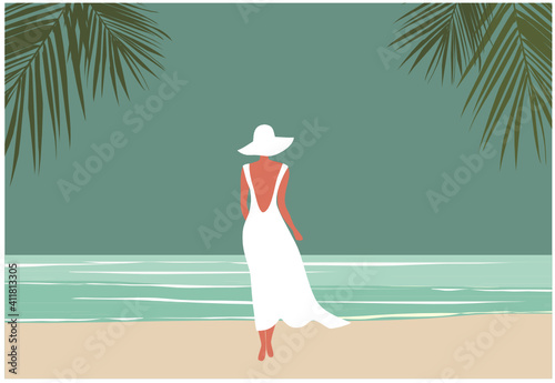 Woman in white dress walking on the beach summer background vector illustration. Summer holidays concept
